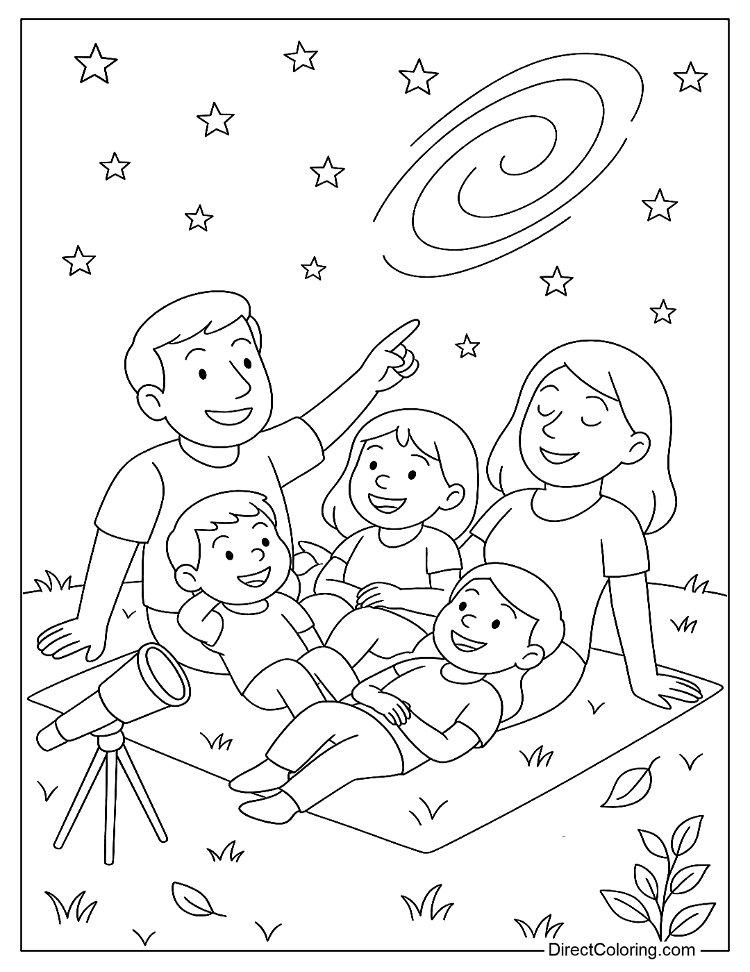coloring page A family of people lying on the grass watching the stars at night, with a telescope and the Milky Way